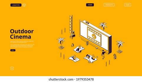 Outdoor cinema banner. Open air movie theater in public park or backyard. Vector landing page with isometric illustration of summer lawn with people sitting and watching film on big screen at night