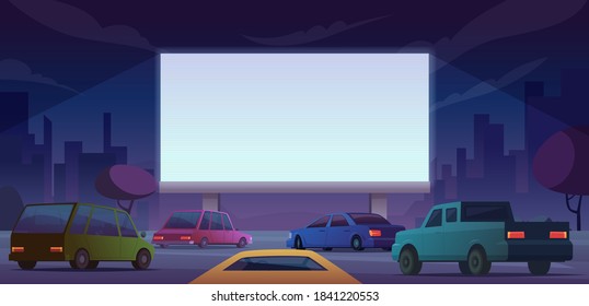 Outdoor cinema. Drive public cinema people watching movie from self cars vector cartoon landscape