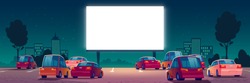 Outdoor Cinema, Drive-in Movie Theater With Cars On Open Air Parking. Vector Cartoon Summer Night City With Glowing Blank Screen And Automobiles. Urban Entertainment, Film Festival