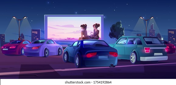 Outdoor cinema, drive-in movie theater with cars on open air parking. Vector cartoon illustration of summer night city with girls sitting on automobile roof and watching film on big screen