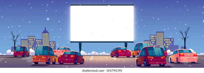 Outdoor cinema, drive-in movie theater with cars on open air parking at winter. Vector cartoon landscape of night city with snow, glowing blank screen and automobiles