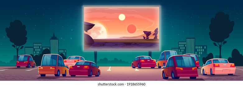 Cine al aire libre, sala de cine con autos en estacionamiento al aire libre. Animación vectorial de la ciudad de la noche de verano con fantástica película en pantalla y automóviles. Entretenimiento urbano, festival de cine