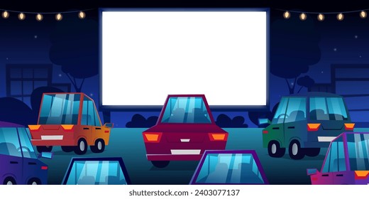 Outdoor cinema, drive-in movie theater with cars on open air parking. Drive-in cinema. Vector cartoon night city with glowing white blank screen and automobiles.