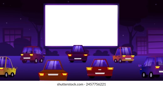 Outdoor cinema, drive-in movie theater with cars on open air parking. Drive-in cinema. Vector cartoon night city with glowing white blank screen and automobiles.