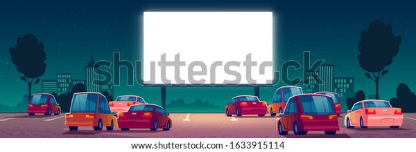 Outdoor\
cinema, drive-in movie theater with cars on open air parking.\
Vector cartoon summer night city with glowing blank screen and\
automobiles. Urban entertainment, film\
festival
