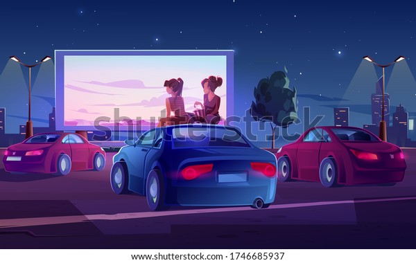 Outdoor cinema, drive-in movie theater with cars\
on open air parking. Vector cartoon illustration of summer night\
city with girls sitting on automobile roof and watching film on big\
screen