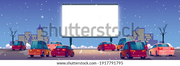 Outdoor cinema, drive-in\
movie theater with cars on open air parking at winter. Vector\
cartoon landscape of night city with snow, glowing blank screen and\
automobiles