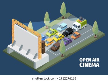 Outdoor Cinema. Isometric Open Space Park People Watching Movies From Self Cars Vector