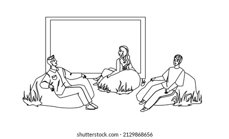 Outdoor Cinema Movie Enjoy People Together Black Line Pencil Drawing Vector. Men And Women Sitting In Soft Armchair And Watching Film In Outdoor Cinema. Character Resting Leisure Time Outside