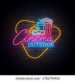 Outdoor cinema neon sign, drive-in movie theater with cars on open air parking logo neon, emblem. Vector illustration