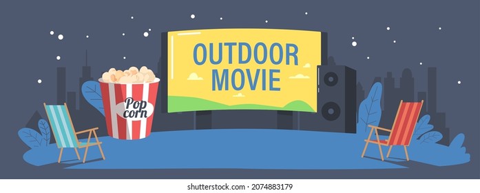 Outdoor Cinema at Night Summer Landscape, Open Air Movie Theater with Chairs, Pop Corn Bucket, Dynamics front of Large Outdoors Screen on Starry Sky Background. Cartoon Vector Illustration