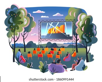 Outdoor Cinema, Open Air Movie Night. Screen With Film Outdoor Theatre Vector Illustration. Happy People Sitting On Chairs In Park. City Entertainment Event On Summer Night.