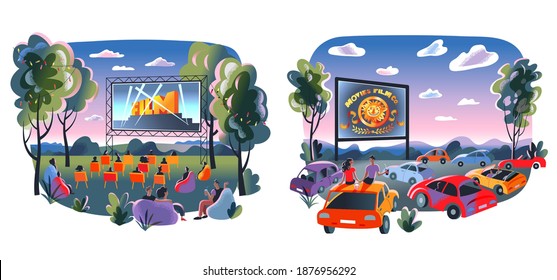 Outdoor cinema, open air movie night set. Screen with film outdoor theatre vector illustration. People sitting on chairs in park, cars at festival. City entertainment events.