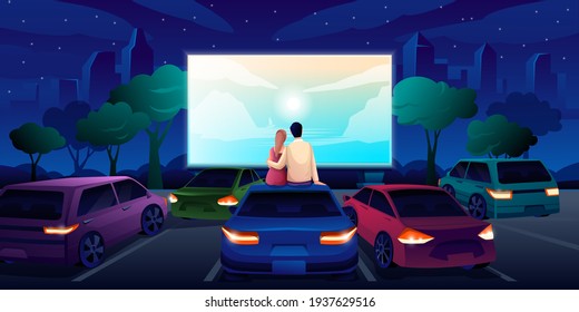 Outdoor cinema, open air movie night. Screen with film outdoor theatre vector illustration. People sitting in cars at festival, couple at car roof. Drive in entertainment event.