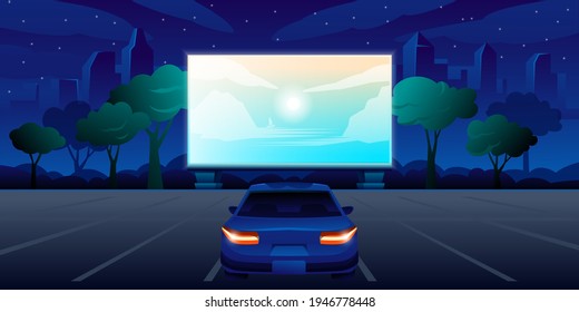 Outdoor cinema, open air movie night banner with one car. Bright screen with film outdoor theatre vector illustration. City entertainment event ad, parking lot view on cityscape.