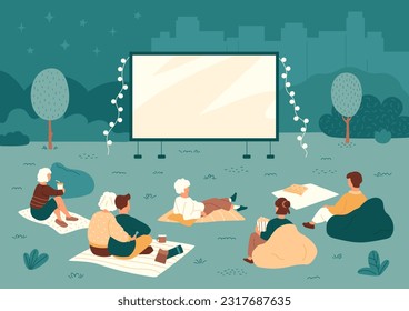 Cine al aire libre en un parque público. Personas descansando en la noche sobre mantas y sillas de cojín. El concepto de actividades nocturnas de verano. Hombre y mujer viendo películas al aire libre. Ilustración vectorial.