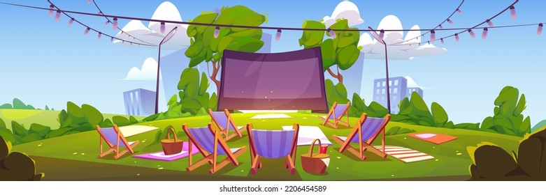 Outdoor cinema at summer city park landscape. Open air movie theater with chairs, mats and picnic baskets front of large outdoors screen on cityscape skyline background, Cartoon vector illustration