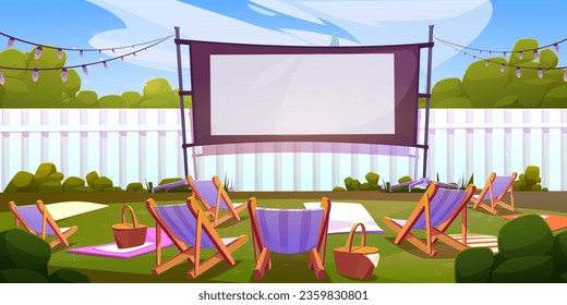 Outdoor cinema in summer park. Vector cartoon illustration of big movie screen with blank surface, chaise lounges and picnic baskets on backyard lawn, white fence, open air festival, weekend relax