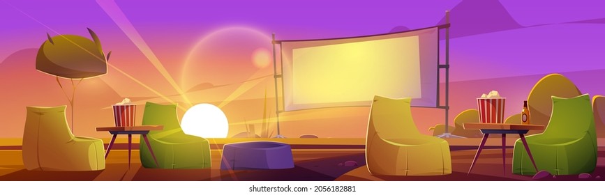 Outdoor cinema at sunset summer landscape, open air movie theater with beanbag chairs, beer, pop corn bucket on low tables front of large outdoors screen on dusk background Cartoon vector illustration