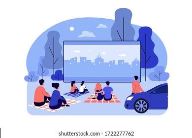 Outdoor cinema theater big screen. Friends and dating couples watching open air movie at night. Vector illustration for evening leisure, vacation, weekend concept