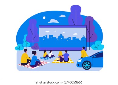 Outdoor cinema theater big screen. Friends and dating couples watching open air movie at night. Vector illustration for evening leisure, vacation, weekend concept