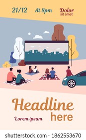 Outdoor Cinema Theater Big Screen. Friends And Dating Couples Watching Open Air Movie At Night. Vector Illustration For Evening Leisure, Vacation, Weekend Concept