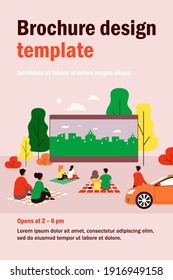 Outdoor cinema theater big screen. Friends and dating couples watching open air movie at night. Vector illustration for evening leisure, vacation, weekend concept