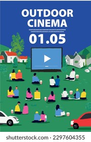 Outdoor cinema theater big screen. Friends and dating couples watching open air movie at night. Flat vector illustration outdoor poster