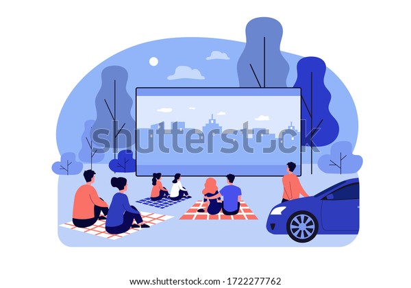 Outdoor cinema theater big\
screen. Friends and dating couples watching open air movie at\
night. Vector illustration for evening leisure, vacation, weekend\
concept