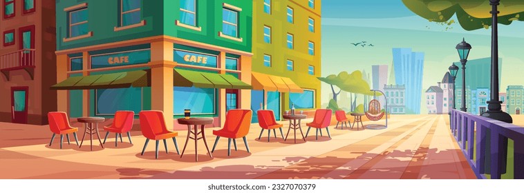 Outdoor city street summer cafe exterior cartoon vector illustration. Outside restaurant terrace with table, hammock chair near urban park. Public cafeteria in town building with cityscape landscape