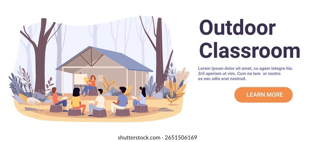 Sala de aula ao ar livre de volta à escola professor de aprendizagem da natureza instruindo alunos diversos fora das árvores da floresta cabine atividade educacional website banner
