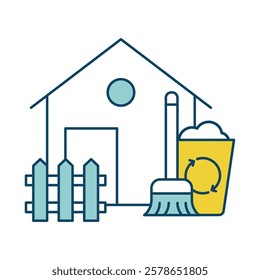 Outdoor Cleaning – House with Cleaning Tools to Maintain Clean and Well-Kept Exteriors, Including Lawn, Garden, and Outdoor Spaces for a Fresh, Welcoming Environment. Vector illustration.