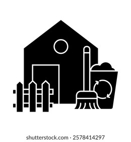 Outdoor Cleaning – House with Tools Representing Exterior and Yard Cleaning. Vector illustration.