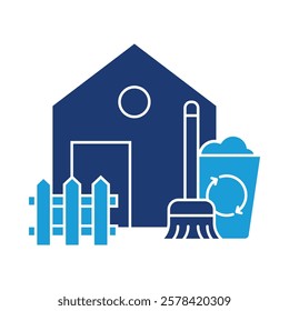 Outdoor Cleaning – House with Tools Representing Clean and Organized Outdoor Spaces. Vector illustration.