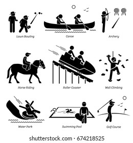 Outdoor Club Games and Recreational Activities. Stick figure depict outdoor games lawn bowling, canoe, archery, horse riding, roller coaster, wall climbing, water park, swimming pool, and golf course.