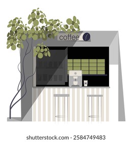 Outdoor Coffee Kiosk With Espresso Machine And Seating In Flat Vector Illustration Symbolizing Street Cafe, Takeaway Drinks, And Coffee Culture, Isolated On White Background.