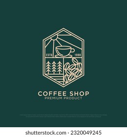  Outdoor coffee Shop logo design vector, vintage coffee logo illustration with outline style, best for  restaurant, cafe, beverages logo brand name