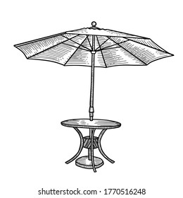 Para una mesa baja exterior con paraguas. Tienda de parasol abierta con mesa redonda. Dibujo a mano Dibujo de la ilustración Vector. Elementos aislados en blanco y negro del mobiliario de los cafés callejeros