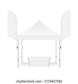 Outdoor commercial trade show canopy tent with two promo flags and demonstration table, isolated on white background, front view. Vector illustration