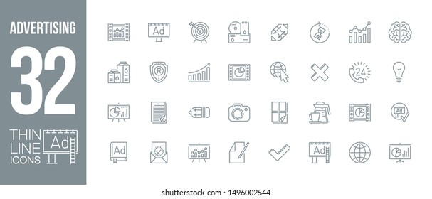 outdoor, commercial and video tv advertising outline flat icons set. Thin line design logo pictogram set advertising agency icons isolated on white. outline logo symbols for web mobile app application svg