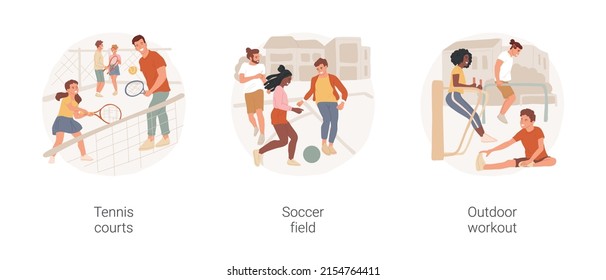 Outdoor common facilities isolated cartoon vector illustration set. Public tennis court, common soccer field, diverse people play together, outdoor fitness equipment, city workout vector cartoon.