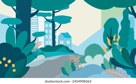 outdoor concept cartoon, with trees and office building in the background