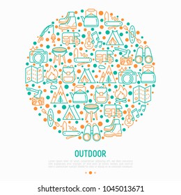 Outdoor concept in circle with thin line icons: mountains, backpack, uncle boots, kettle, axe, map, swiss knife, canoe, camera, fishing rod, binoculars. Modern vector illustration.