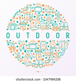 Outdoor concept in circle with thin line icons: mountains, backpack, uncle boots, kettle, axe, map, swiss knife, canoe, camera, fishing rod, binoculars. Modern vector illustration for print media.