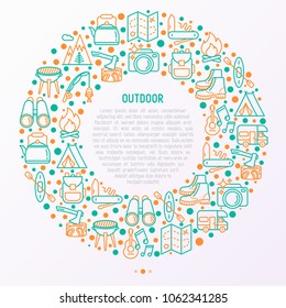 Outdoor concept in circle with thin line icons: mountains, backpack, uncle boots, kettle, axe, map, swiss knife, canoe, camera, fishing rod, binoculars. Modern vector illustration for print media.