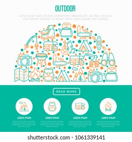 Outdoor concept in half circle with thin line icons: mountains, backpack, uncle boots, kettle, axe, map, swiss knife, canoe, camera, fishing rod, binoculars. Vector illustration, web page template.