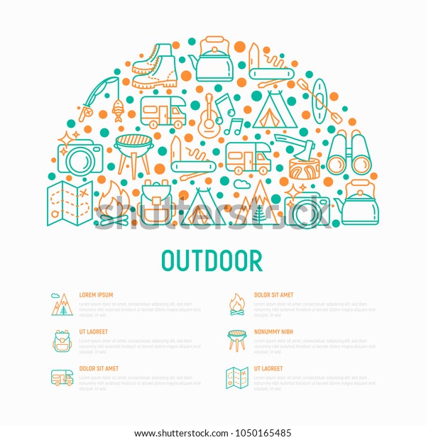Outdoor concept in half circle with thin line\
icons: mountains, backpack, uncle boots, kettle, axe, map, swiss\
knife, canoe, camera, fishing rod, binoculars.Vector illustration\
for print media,\
banner