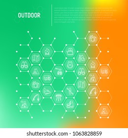 Outdoor concept in honeycombs with thin line icons: mountains, backpack, uncle boots, kettle, axe, map, swiss knife, canoe, camera, fishing rod, binoculars. Modern vector illustration for print media.