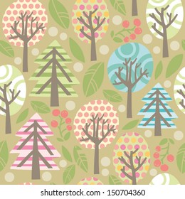 Outdoor concept seamless pattern. Cartoon trees in vector background. Seamless pattern can be used for wallpaper, pattern fills, web page backgrounds, surface textures.