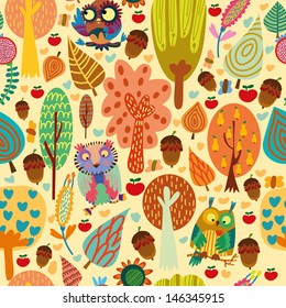 Outdoor concept seamless pattern.Cartoon trees and owls in vector background.Seamless pattern can be used for wallpaper, pattern fills, web page backgrounds, surface textures.